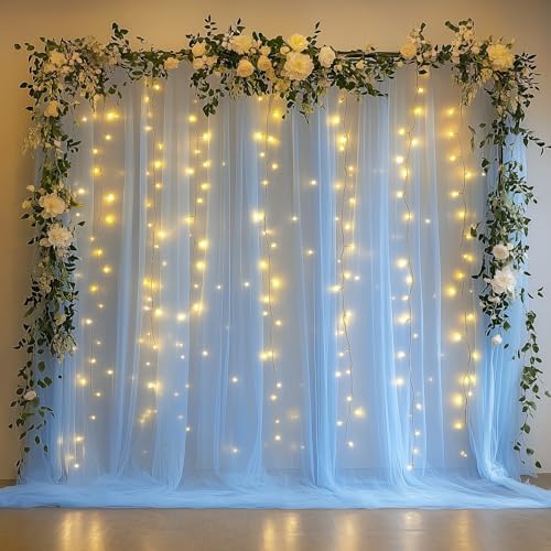 Tulle Backdrop Curtain with Lights 10x8FT Baby Blue Sheer Curtains by Xiomot