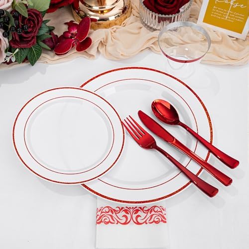 WELLIFE 700 Pcs Red Plastic Plates for 100 Guests - Plastic Dinnerware Set,Party Supplies Includes 200 Red Disposable Plates,300 Silverware,100 Napkins,100 Cups,Valentines Plates - Image 3