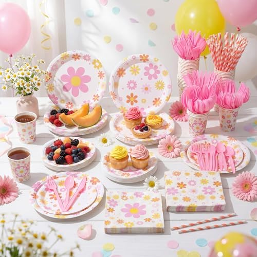 450 Pcs Groovy Daisy Flower Tableware Set, Serve 50, Colorful - Image 6