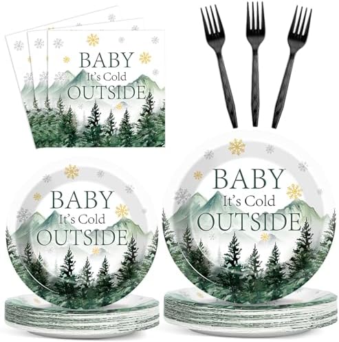 96Pcs Baby It's Cold Outside Plates and Napkins for Winter Baby Shower Party Supplies Forest Wonderland Dessert Disposable Plates Snowflake Tableware Set for 24 Guests Birthday Party Decorations by CHUNNIN