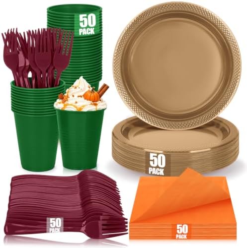 200pcs Fall Plastic Plates Party Supplies, Disposable 9’’ Heavy Duty Dinner Plates and Napkins, Cups & Cutlery Plastic Thanksgiving Dinnerware Set for Autumn Birthday, Harvest Party, Serves 50 Guests by UseOnceDoneRight
