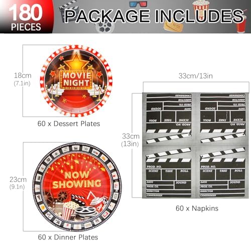 180Pcs Movie Night Party Supplies Paper Plates and Napkins Serve 60 - Image 2