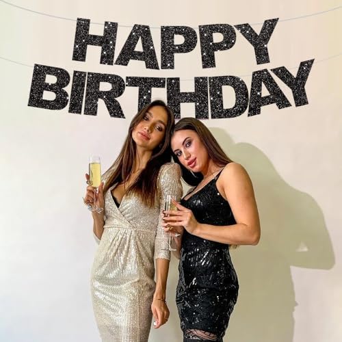BEISHIDA Pre-Strung Glitter Black Happy Birthday Banner Party Sign Decor - Image 4
