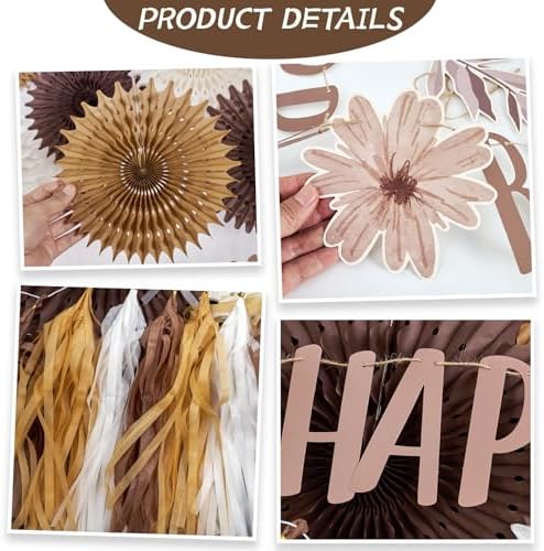 Brown Birthday Party Decorations for Women Neutral Boho Happy Banner Banner Brown Cream Honeycomb Paper Fans Hanging Tassel Garland Rustic Wedding Baby Shower Western Cowboy Party Supplies - Image 6