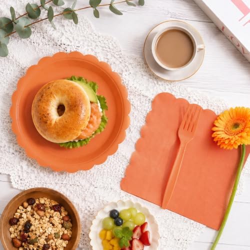 105PCS Orange Paper Plates & Napkins Set,7inch Scallope,with Forks - Image 6
