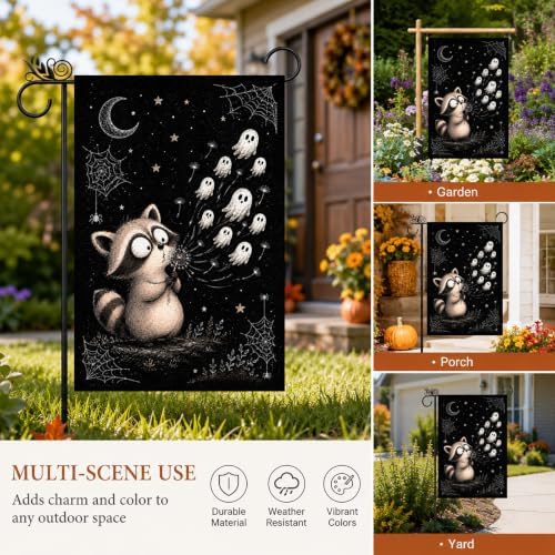 Halloween Garden Flag Whimsical Raccoon Ghost Dandelion Black Flag 12x18 - Image 5