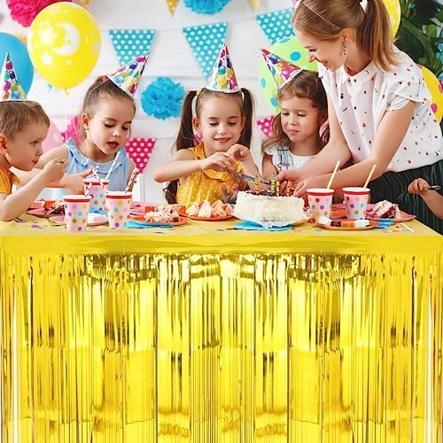 6 PCS Golden Metallic Foil Fringe Tinsel Table Skirts 9 Feet x 29.5 Inch - Image 6