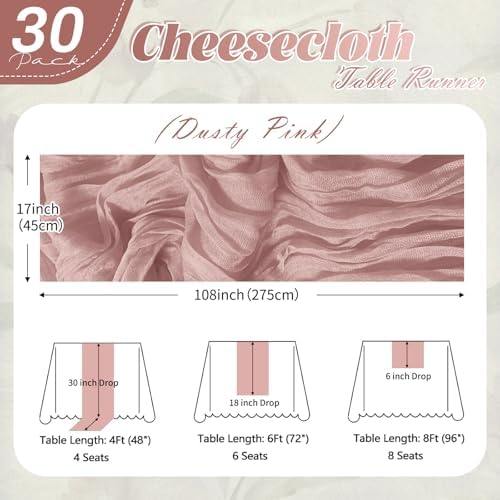 30 Pack Dusty Pink Cheesecloth Table Runner 17 x 108 inch Cheese Cloth Table Runners 9ft Pink Table Runner Rustic Romantic Sheer Gauze Runner for Wedding Party Baby Shower Table Decoration - Image 2
