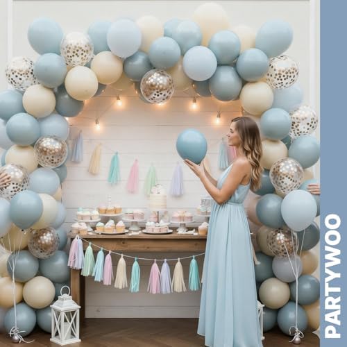 PartyWoo Dusty Blue Balloons 66pcs 12 Inch Slate Blue White Gold Balloons - Image 4