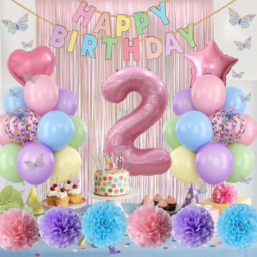 Pastel 2nd Birthday Colorful Party Decorations Girls Pink Number 2 Balloon - Image 4