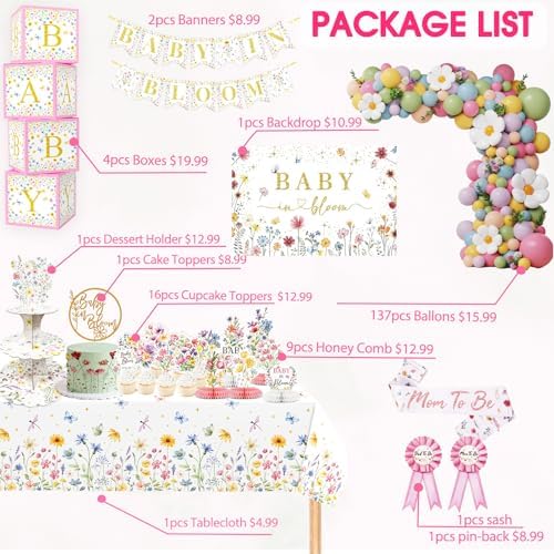 Baby In Bloom Baby Shower Decorations, 175Pcs All in One Set Wildflower Baby Shower Decorations Boxes Banner Backdrop Tablecloth Cake Topper Balloon Sash for Floral Baby in Bloom Shower Party Girls - Image 2