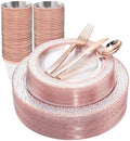 Ciaell 150PCS Rose Gold Plastic Plates – Disposable Plates with Rose Gold Plastic Silverware include 50Plates, 25Forks, 25Knives, 25Spoons, 25Cups for Wedding & Party by Ciaell