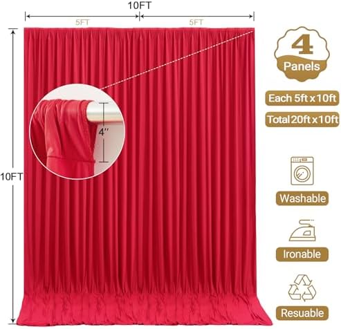 20x10ft Red Backdrop Curtain Panels for Parties - Wrinkle Free Polyester Photo Curtain Backdrop Wedding Back Drop Fabric Drapes for Party Decorations Background for Photography - Image 4