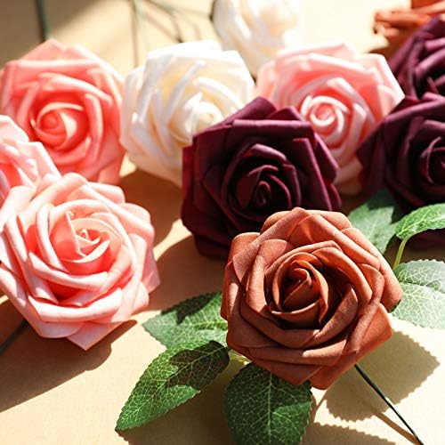 AmyHomie Burgundy Shades Rose 25pcs Real Looking Artificial Flowers w/Stem - Image 3