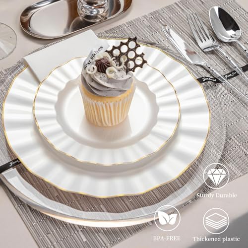 120PCS Pearl White Plastic Plates, Wavy Plates with Gold Rim - Image 3