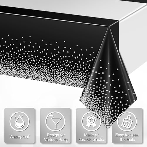 1Pcs Black Silver Tablecloth Party Decorations,Plastic Black Table Cloth Printed Silver Table Runner Disposable Rectangle Table Cover for Birthday Anniversary Wedding Graduation Party,54 x108 Inch - Image 3