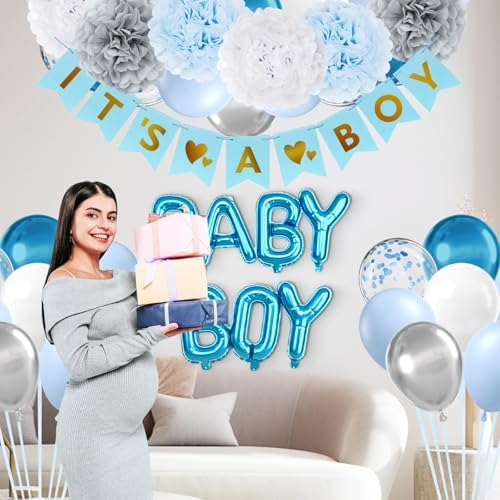Vicduotex Blue Baby Shower Decorations with Grey Paper Pom Poms - Image 5