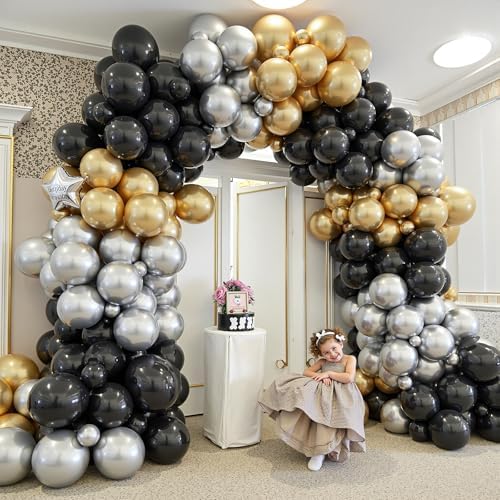 412Pcs Black Gold Silver Balloons Garland Arch Kit,18 12 10 5 Inch Different Size Latex Balloons for Graduation Birthday Wedding Party Decorations - Image 7