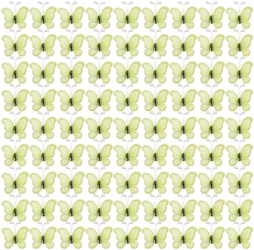 AUEAR, 100 Pack Sheer Mesh Wire Glitter Butterflies Butterfly Decoration with Gem for Home Wedding Party Wall Decorations (Green) by AUEAR