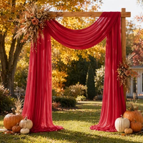 Red Wedding Arch Draping Fabric Sheer Curtain Drapes | 31" x 20 ft Extra Long Shimmery Backdrop Curtains for Wedding Anniversary Party Fall Thanksgiving Outdoor Events Drapery Backgrounds - Image 4