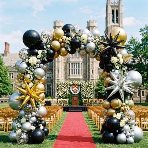 137Pcs Black Gold and Silver Balloons Garland Arch Kit with Stars - 5 10 12 18 inch Black Gold Silver Latex Party Balloons for New Year Birthday 2026 Graduation Retirement Party Decoration - Image 2