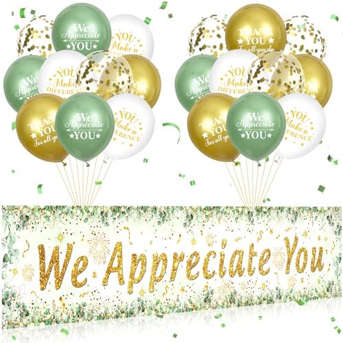 We Appreciate You Decorations Sage Green Appreciate You Banner Yard Sign with 18 Pcs Balloons Thank You for All You Do Banner Employee Staff Gifts Teacher Eucalyptus Leaves Appreciation Party Decor by Unknown