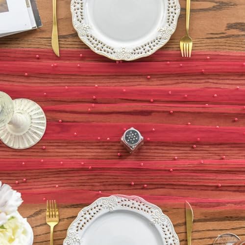 Artoid Mode 10-Pack Pearl Red Gauze Table Runner 10FT Home Decor - Image 5