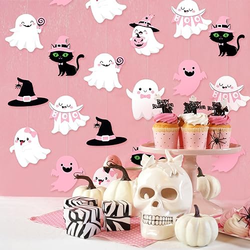 Ceenna 9 Pcs Halloween Pink Baby Shower Decoration Boo Paper Garland - Image 6