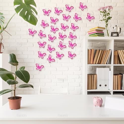 AUEAR, 100 Pack Sheer Mesh Wire Glitter Butterflies Butterfly Decoration with Gem for Home Wedding Party Wall Decorations (Rose Red) - Image 3