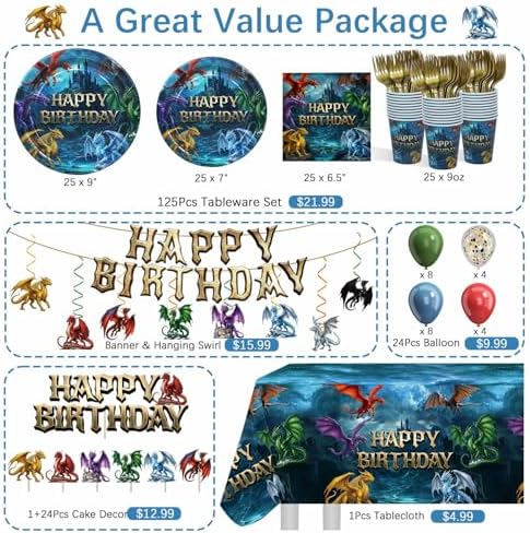 185Pcs Dragon Birthday Party Decorations Serves 25 Guests - Image 4