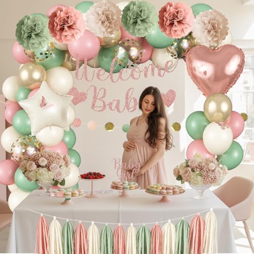 Baby in Bloom Baby Shower Decorations, Sage Green Dusty Blush Pink Gold Sand White Latex Confetti Balloons with Banner Cake Topper Pom Poms Tassel for Girls Boho Fairy Floral Birthday Party Decoration - Image 3