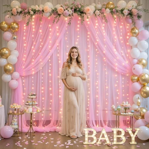 10ft×12ft Pink Tulle Backdrop Curtains with Lights String for Parites Pink Sheer Backdrop Curtains for Baby Shower Girls Birthday Party Wedding Bridal Shower Photo Shoot Background 2 Panels 5×12ft - Image 5