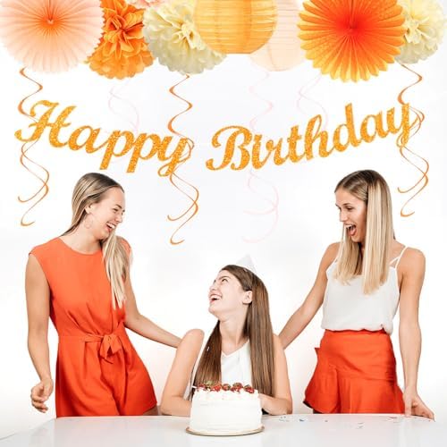 Orange-Peach Beige First Happy-Birthday Party-Decorations - 31pcs 20th Women Girls Bohemian Groovy Paper Lanterns Streamers Banner,Tissue Pom Poms Decor,Fall Boho Fans Tassels Graland Backdrop Hugmoon - Image 7