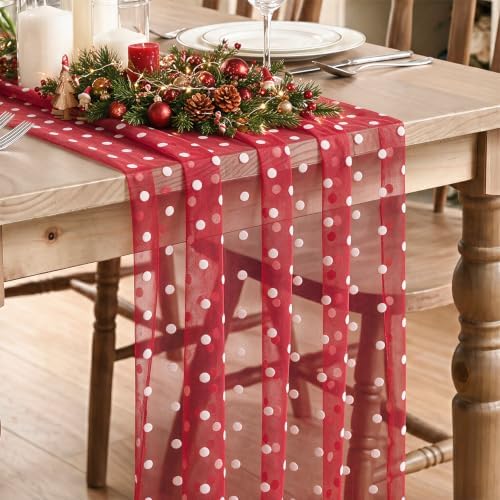 Artoid Mode Red Gauze White Flocking Dots Table Runner 10FT, Christmas Sheer Dining Table Decor for Wedding Anniversary Holiday Birthday Home Party by ArtoidMode