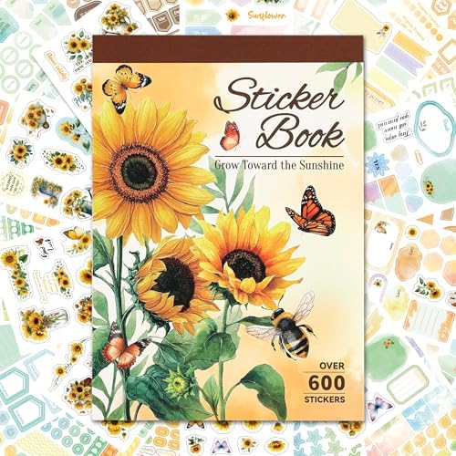 Aesthetic Sunflower Planner Sticker Book 25 Sheets with 600+ Decorative Stickers for Journaling, Scrapbooking, Bullet Journal, Happy Planner, DIY Stationery Supplies Gifts for Women Girls Teens Kids by VYRANA
