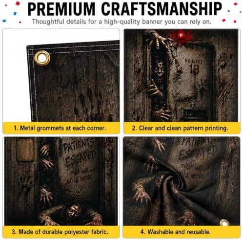 Halloween Haunted Asylum Door Banner 35.4 x 78.7 Inch Polyester Door Cover, Horror Patient Room Entrance Decoration for Front Door Porch Entryway, Halloween Home Decor - Image 3