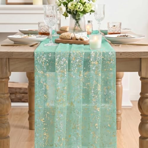 Artoid Mode 6Pcs Turquoise Gauze Gold Table Runner 10FT, Glitter Metallic Foil Sheer Dining Wedding Anniversary Holiday Table Decor for Home Party - Image 2