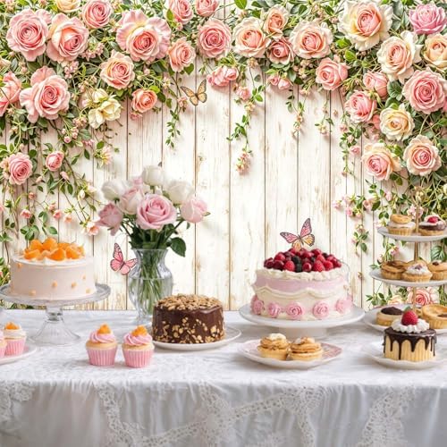 7X7ft Pink Roses Floral Backdrop Rustic Wooden Flowers Butterfly Photography Background Romantic Elegant Garden Wedding Bridal Shower Birthday Party Decorations Banner Studio Photo Booth Props - Image 6