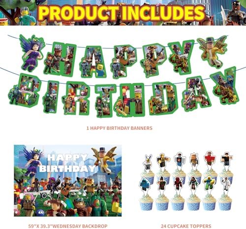 Birthday Party Decorations - Theme Children's Party Supplies Included Happy Birthday Banner, Backdrop, Hanging Swirls, Tablecloth, Cupcake Cake Toppers, Latex Balloons and Foil Balloons - Image 2