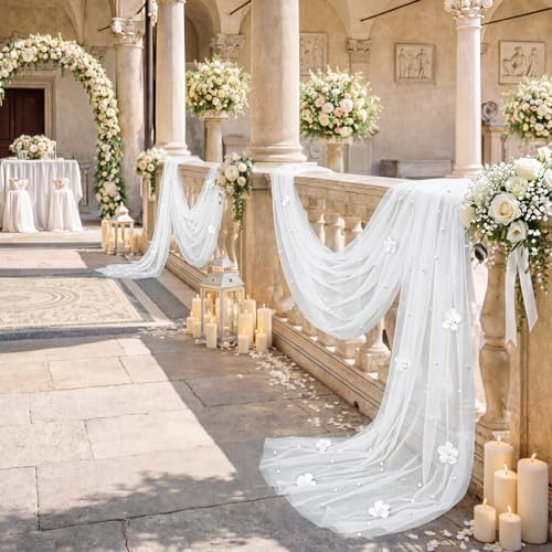 6 Pcs 29x120'' Pearl Tulle Table Runner 10ft Wedding Tablecloth, White - Image 5
