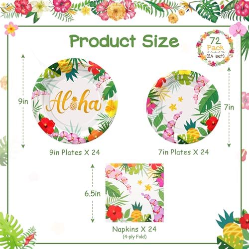 72PCS Hawaiian Plates and Napkins, Set of 24 Aloha Plants Luau Party Plates - Image 2