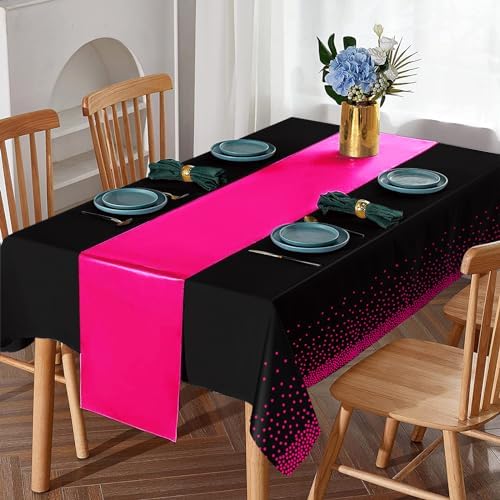 MASHAN 16Pack Disposable Plastic Party Tablecloths and Satin Table Runner Set - Black Hot Pink Dot - Wedding, Birthday, Baby Shower, Anniversary, Holiday Party Decorations - Image 4