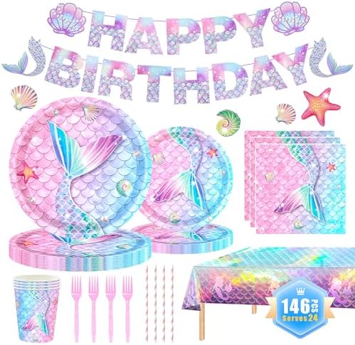 146Pcs Mermaid Plates and Napkins mermaid Party Supplies Includes Plates, Napkin, Fork, Cup, Straw, Tablecloth, Banner for Baby Shower Ocean Birthday Party Decorations, Serves 24 (Mermaid) by MIAOSHOUTAO