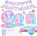 146Pcs Mermaid Plates and Napkins mermaid Party Supplies Includes Plates, Napkin, Fork, Cup, Straw, Tablecloth, Banner for Baby Shower Ocean Birthday Party Decorations, Serves 24 (Mermaid) by MIAOSHOUTAO