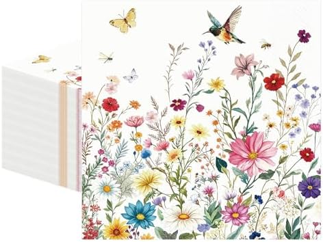 50PCS Wildflower Napkins 13 x 13 Inches, Hummingbird Floral Paper Napkins Flower Luncheon Dessert Cocktail Napkins Disposable for Picnic Wedding Birthday Baby Shower Tea Party Decorations (Wildflower) by Unknown