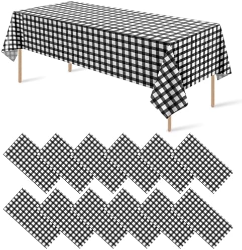 12Pack Black and White Plastic Checkered Tablecloth, Premium Decorative Disposable Black Gingham Plaid Tablecloths for Parties, Rectangle Party Table Cover for Picnic Farm Birthday Wedding, 54x108Inch by RAGNHILD
