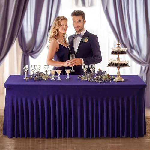 Wish Care 2 Pack Dark Purple Spandex Table Clothes for 6 Foot Rectangle Tables, 6FT Wrinkle Free Fitted Tablecloths Ruffles Design Table Cover for Party, Banquet, Wedding and Events - Image 5