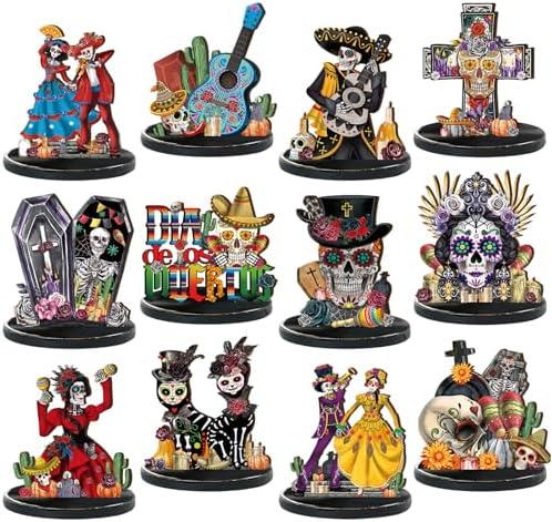 Wesiti 12 Pcs Dia De Los Muertos Table Decorations Wooden Sugar Skull Decor by Wesiti