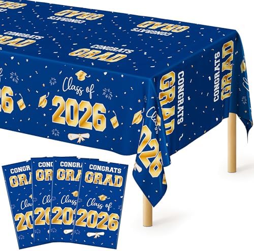 QZYL 4 Pack Graduation Decorations 2026, 54" x 108" Blue and Gold Disposable Graduation Table Cloths, Grad Party Decorations for Class of 2026, Rectangle Plastic Tablecover for College Congrats Grad by QZYL