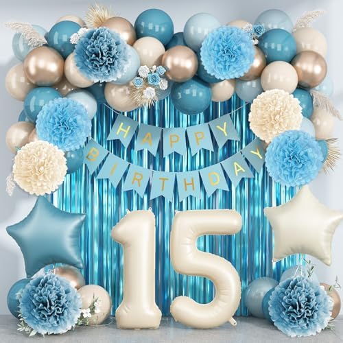 Dusty Blue 15th Birthday Party Decorations Boys Beige Number 15 Balloon by KAINSY